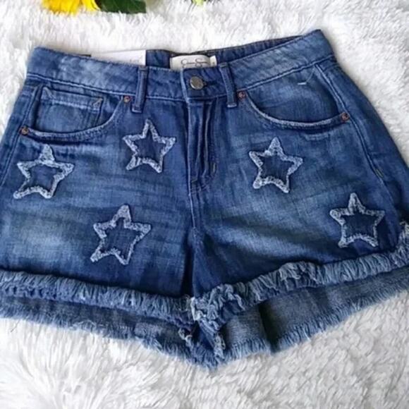 JESSICA SIMPSON JOURNEY Denim Shorts Star Applique Frayed Hem Blue Jean Festival - Picture 5 of 11